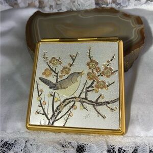 RARE VINTAGE JAPANESE CHOKIN ART COMPACT MIRROR BIRD ON BRANCH